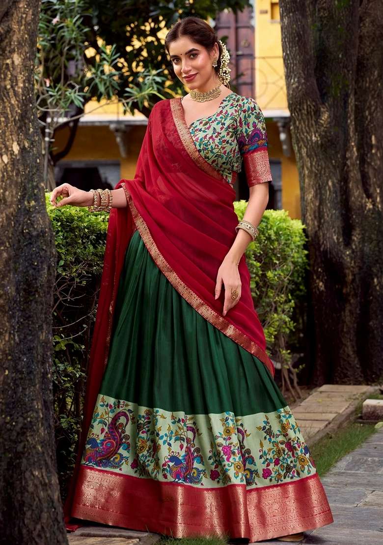 Green Silk Blend Lehenga Set with Zari Work for Diwali | Wedding & Festive Wear - Indya