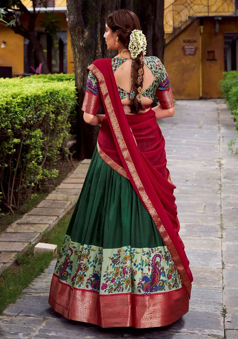 Green Silk Blend Lehenga Set with Zari Work for Diwali | Wedding & Festive Wear - Indya