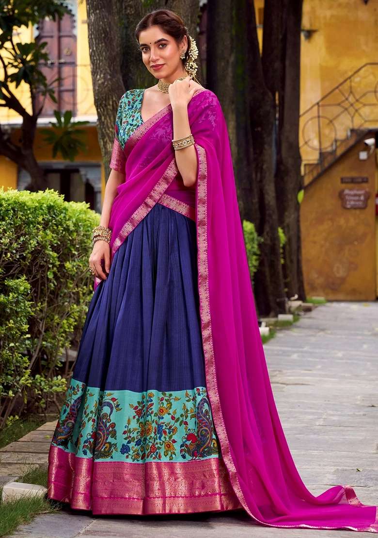 Blue Silk Blend Lehenga Set with Zari Work for Diwali | Wedding & Festive Wear - Indya