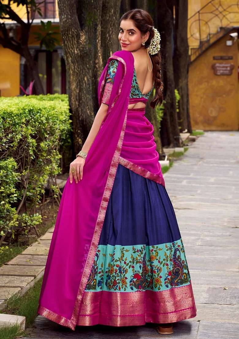 Blue Silk Blend Lehenga Set with Zari Work for Diwali | Wedding & Festive Wear - Indya