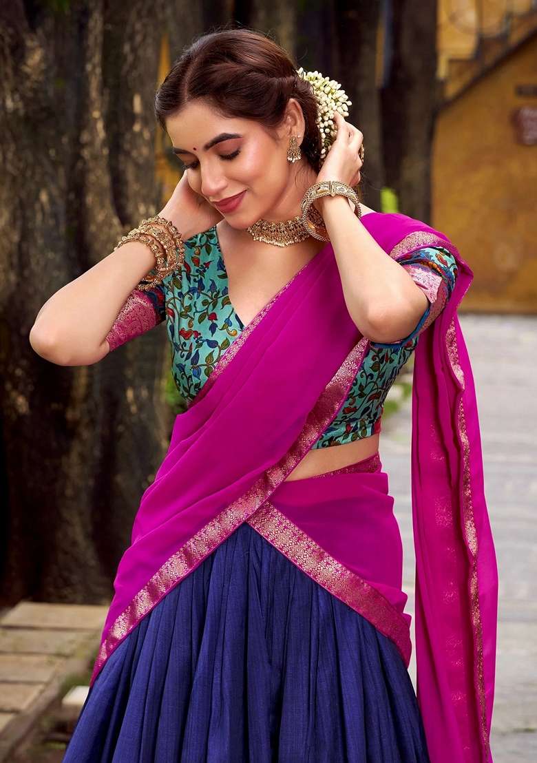 Blue Silk Blend Lehenga Set with Zari Work for Diwali | Wedding & Festive Wear - Indya