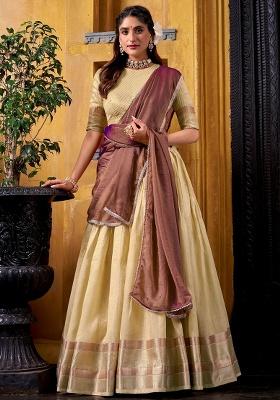 Yellow Zari Work Silk Blend Lehenga Set
