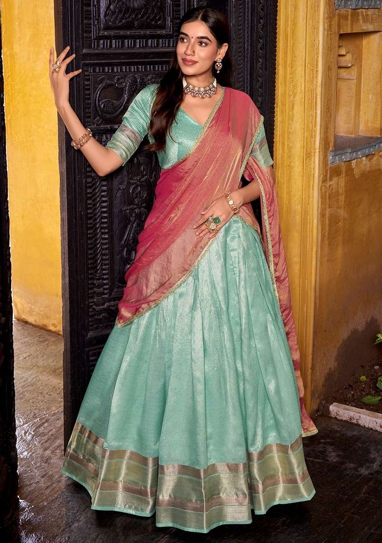 Sky Blue Zari Work Silk Lehenga Set - Indya