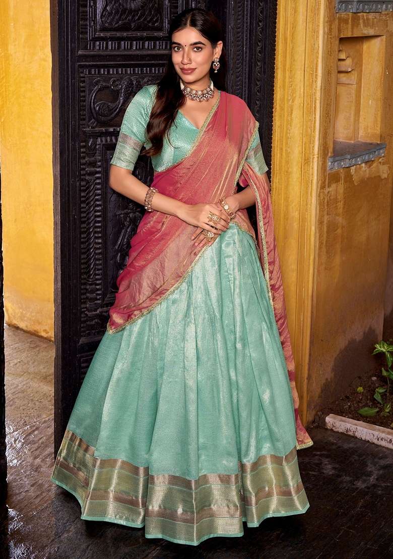 Sky Blue Zari Work Silk Lehenga Set - Indya