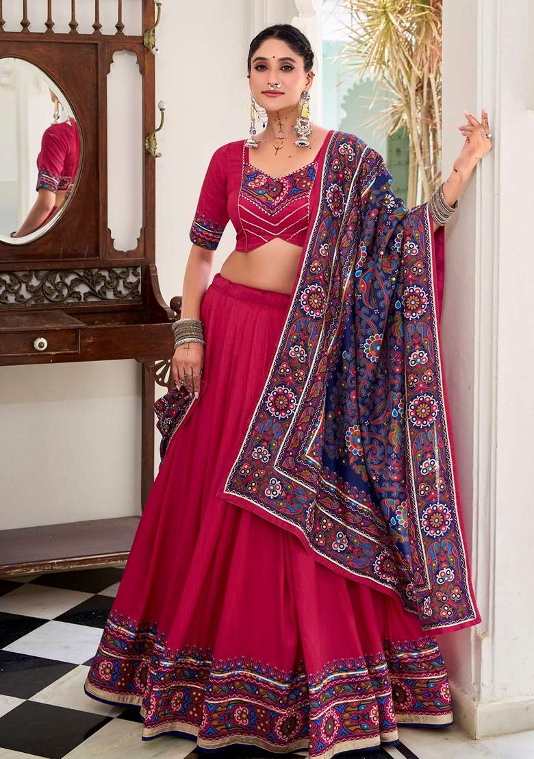 Pink Printed Silk Blend Lehenga Set for Diwali and Festive Wear - Indya