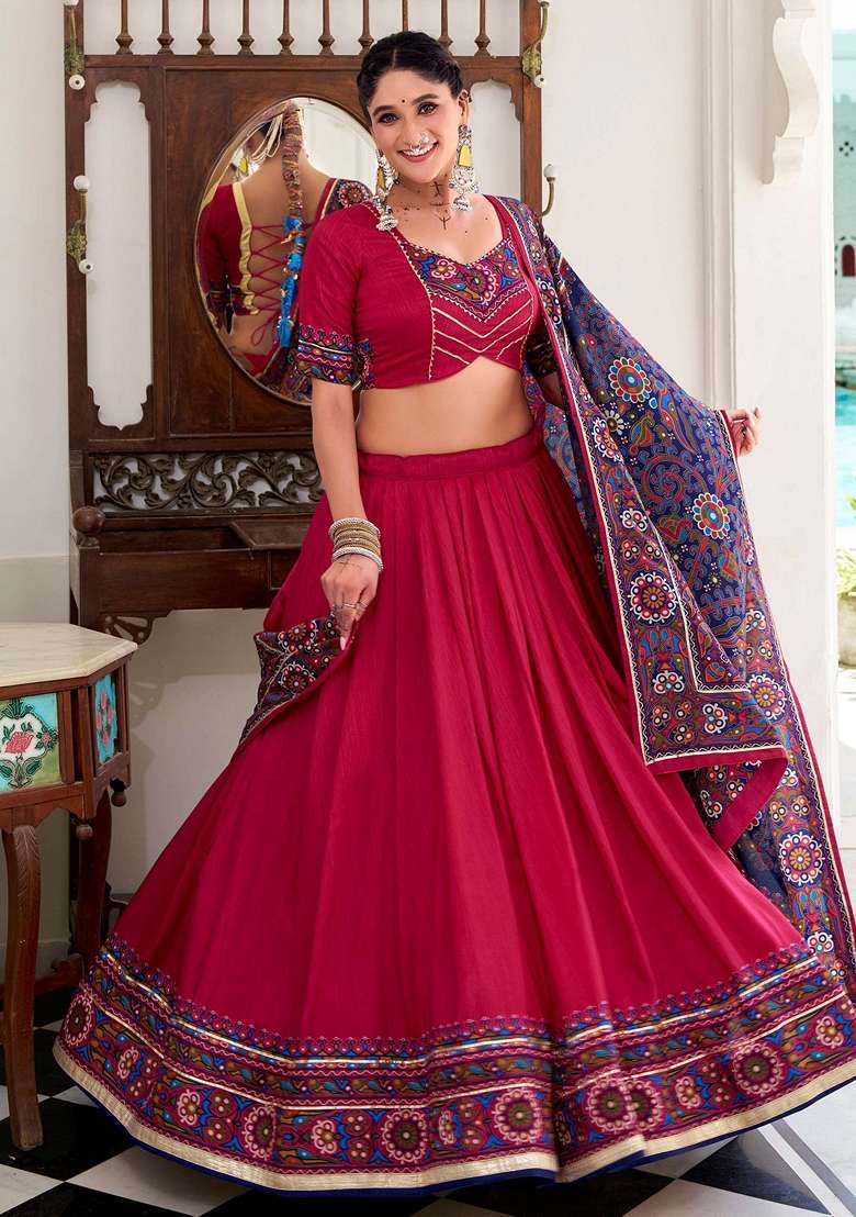 Pink Printed Silk Blend Lehenga Set for Diwali and Festive Wear - Indya