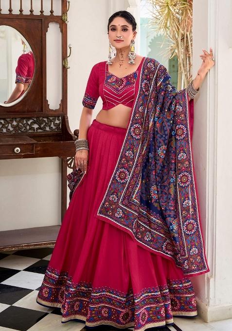 Pink Printed Silk Lehenga Set — view on Indya