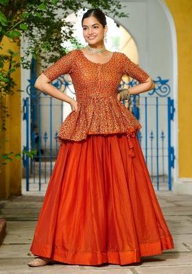 Orange Embroidery Silk Lehenga Set