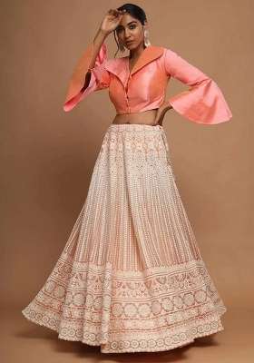 Peach Lakhnavi Work Net Lehenga Set for Diwali | Wedding & Festive Wear