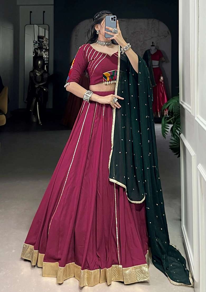 Maroon Rayon Lehenga Set with Embroidery for Diwali | Wedding & Festive Wear - Indya