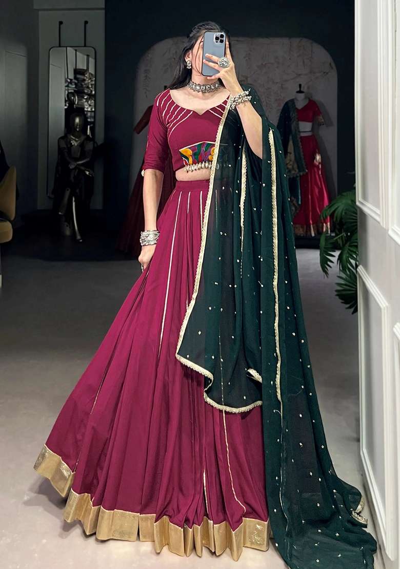 Maroon Rayon Lehenga Set with Embroidery for Diwali | Wedding & Festive Wear - Indya