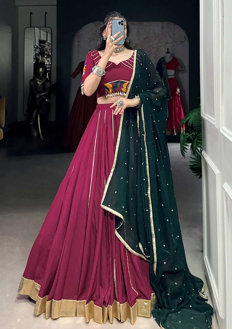 Maroon Rayon Lehenga Set with Embroidery for Diwali | Wedding & Festive Wear - Indya