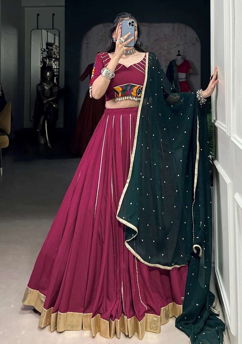 Maroon Rayon Lehenga Set with Embroidery for Diwali | Wedding & Festive Wear - Indya