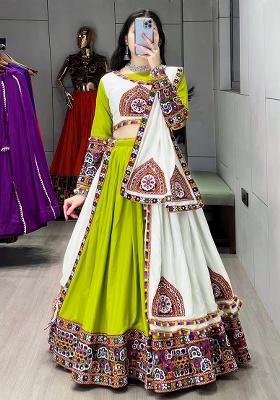 Green Mirror Work Cotton Lehenga Set