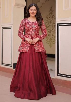 Maroon Zari Work Silk Blend Lehenga Set