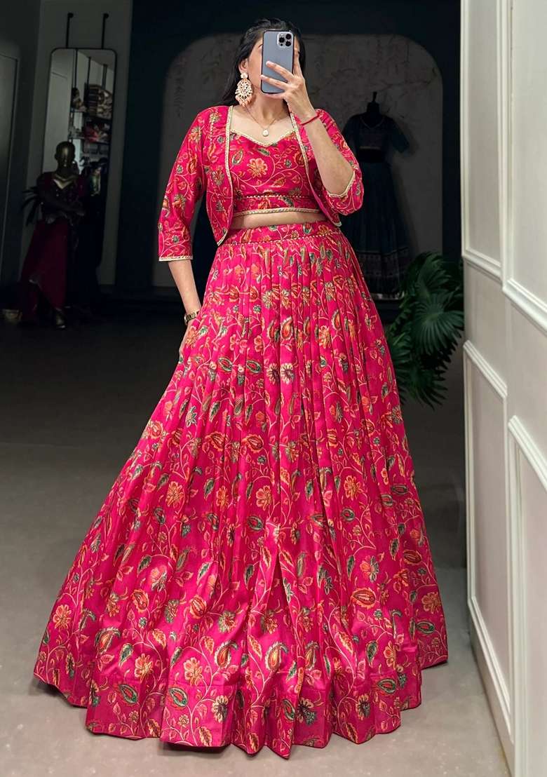 Pink Floral Print Silk Blend Lehenga Set for Diwali and Festive Wear - Indya
