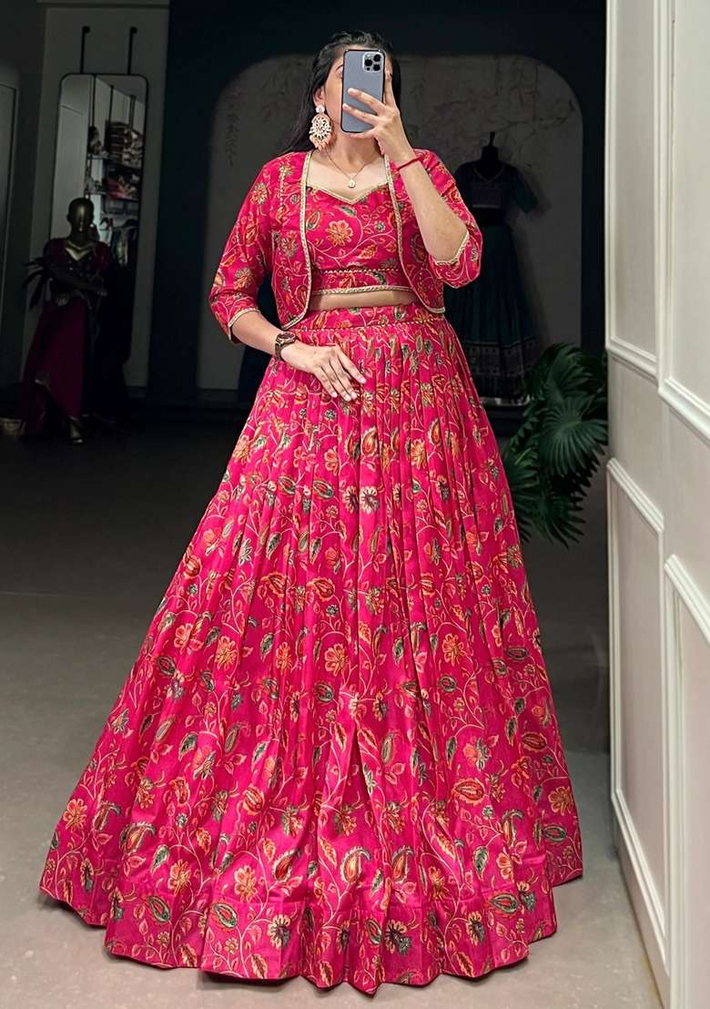 Pink Floral Print Silk Blend Lehenga Set for Diwali and Festive Wear - Indya