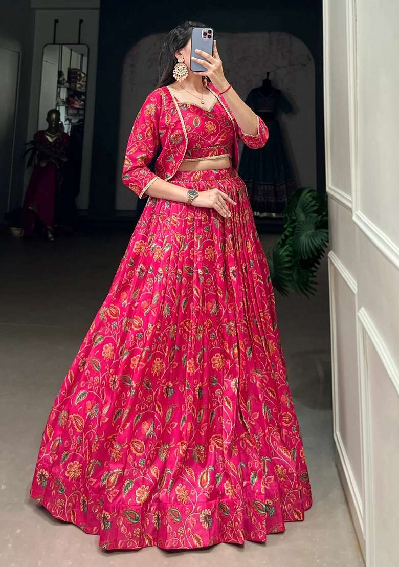 Pink Floral Print Silk Blend Lehenga Set for Diwali and Festive Wear - Indya