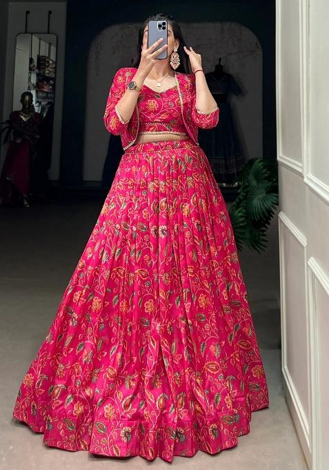 Pink Floral Print Silk Lehenga Set — view on Indya
