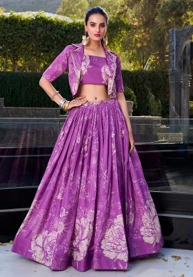 Purple Floral Print Silk Blend Lehenga Set