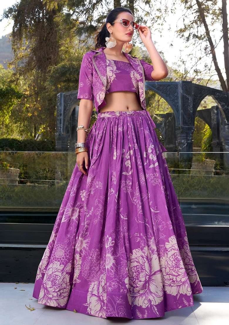 Purple Silk Blend Lehenga Set with Floral Print for Diwali | Wedding & Festive Wear - Indya