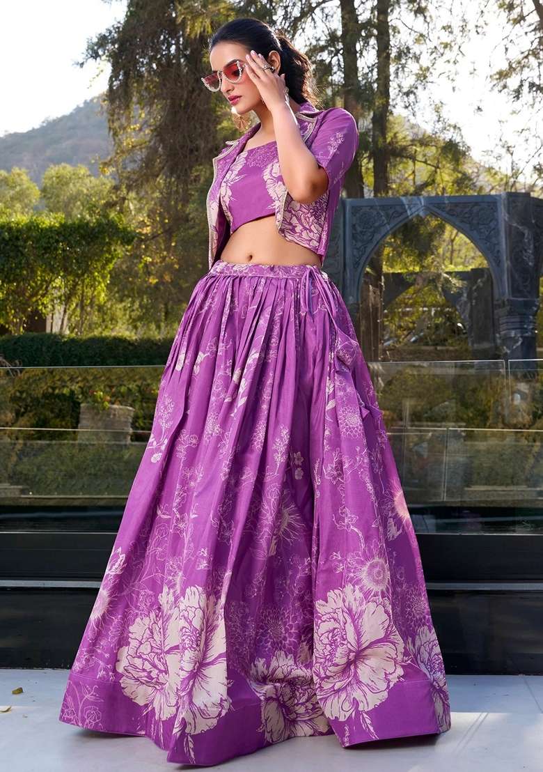 Purple Silk Blend Lehenga Set with Floral Print for Diwali | Wedding & Festive Wear - Indya