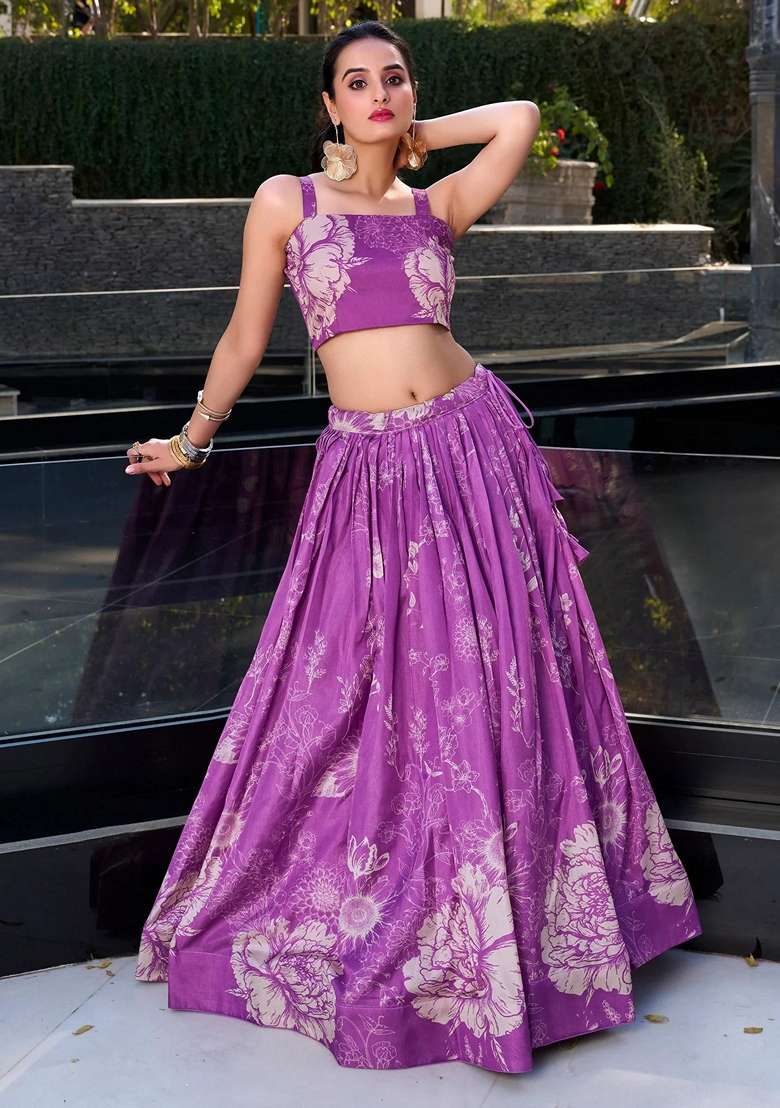 Purple Silk Blend Lehenga Set with Floral Print for Diwali | Wedding & Festive Wear - Indya