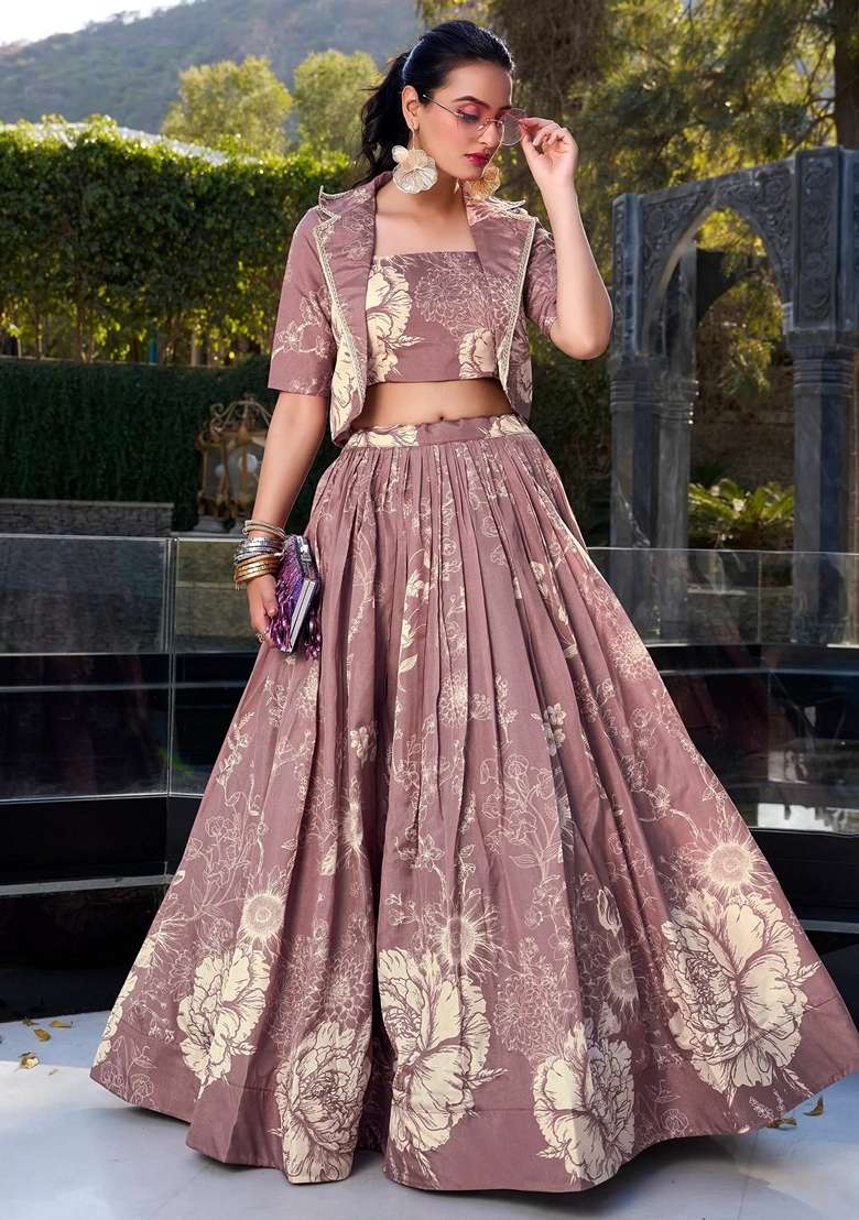 Purple Floral Print Silk Blend Lehenga Set for Diwali and Festive Wear - Indya
