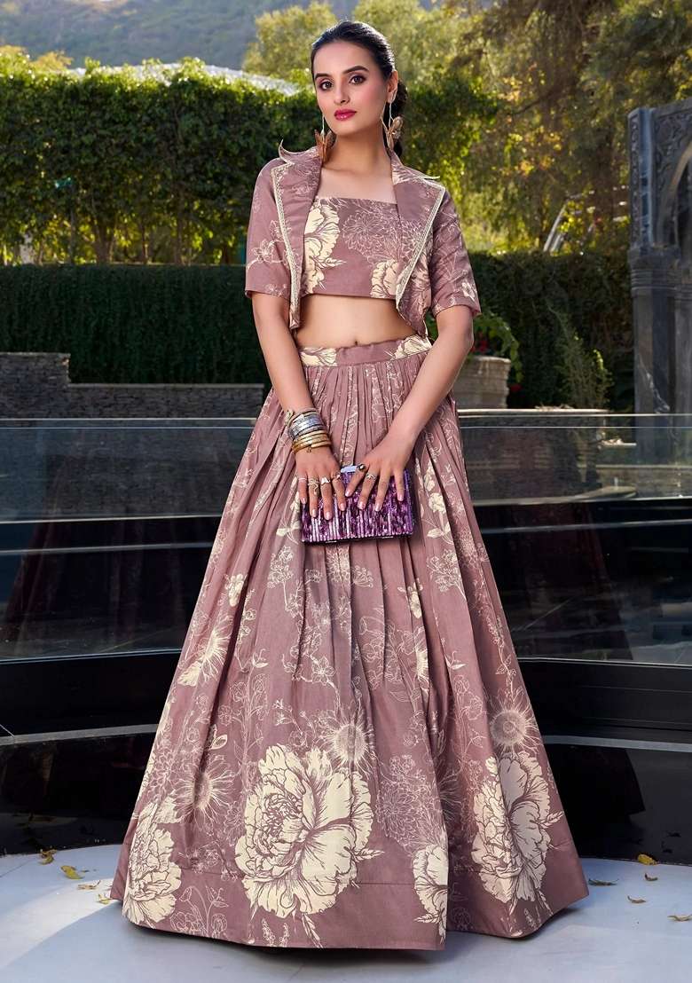 Purple Floral Print Silk Blend Lehenga Set for Diwali and Festive Wear - Indya