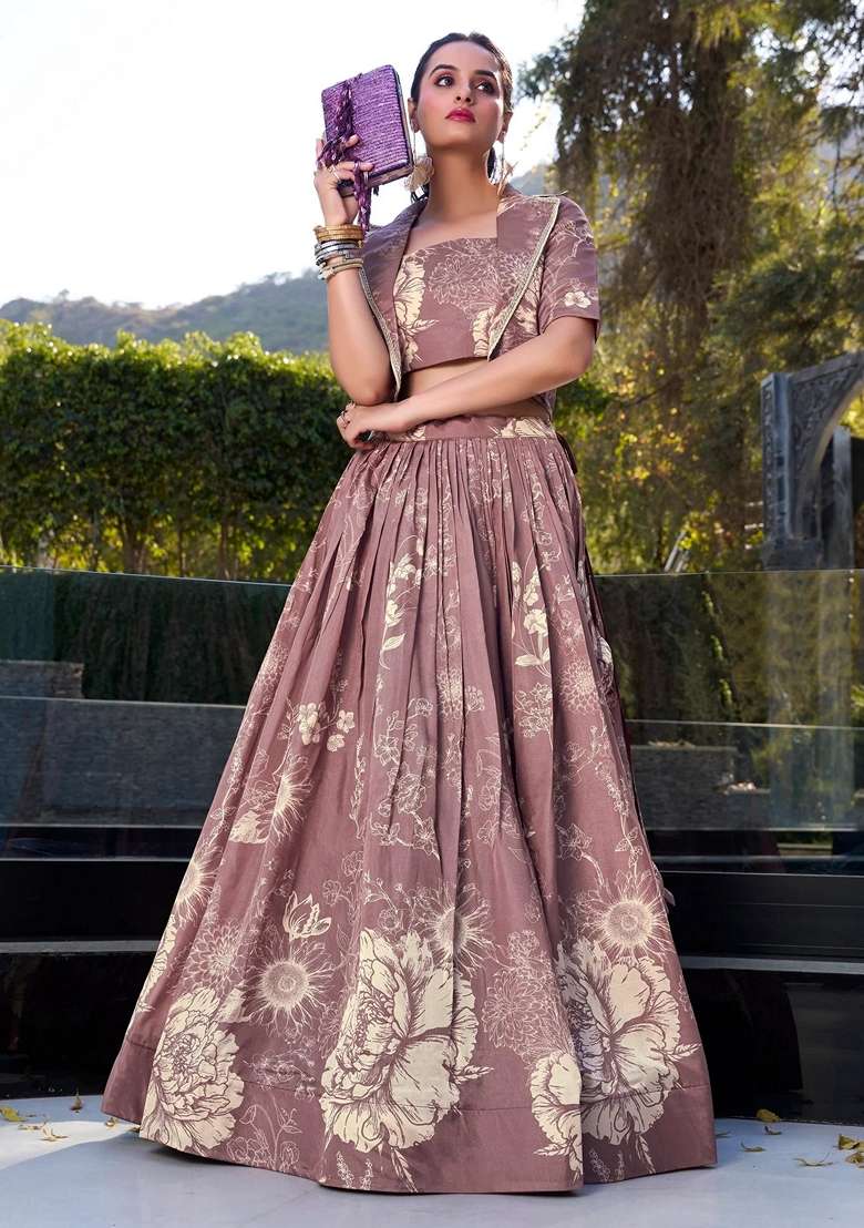 Purple Floral Print Silk Blend Lehenga Set for Diwali and Festive Wear - Indya