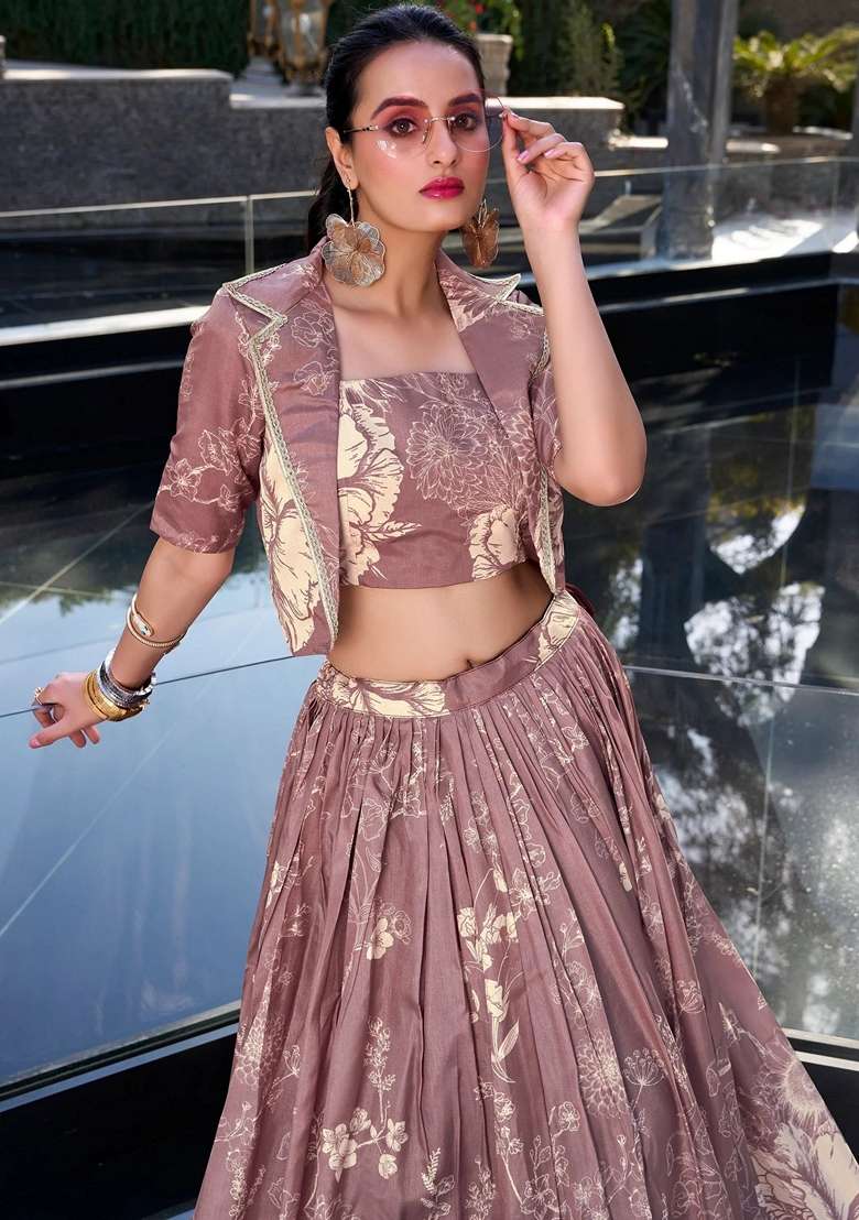 Purple Floral Print Silk Blend Lehenga Set for Diwali and Festive Wear - Indya