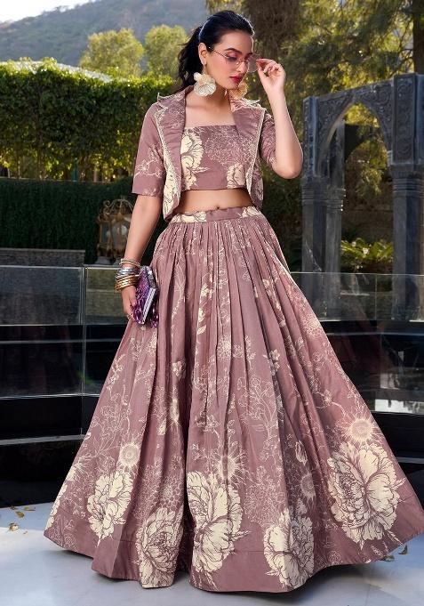 Purple Floral Print Silk Lehenga Set — view on Indya