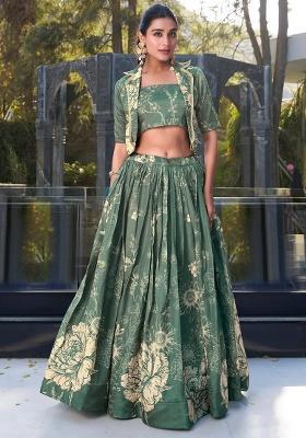 Green Floral Print Silk Blend Lehenga Set