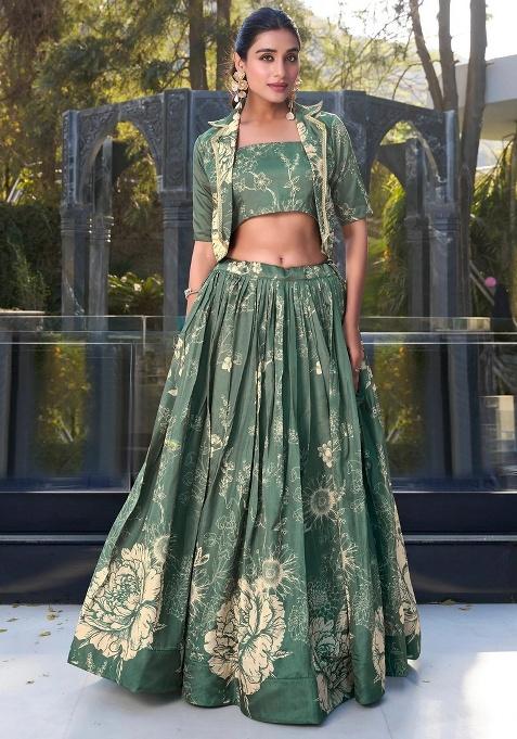 Green Floral Print Silk Lehenga Set — view on Indya