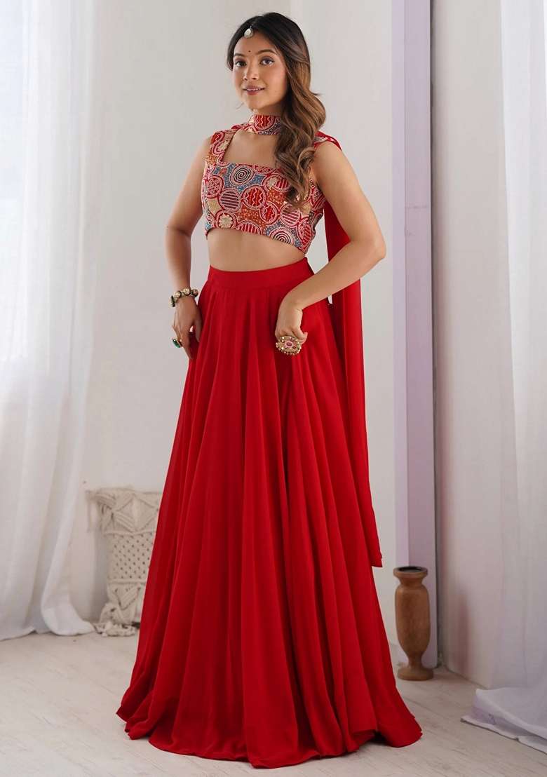 Red Embroidery Georgette Lehenga Set for Diwali and Festive Wear - Indya