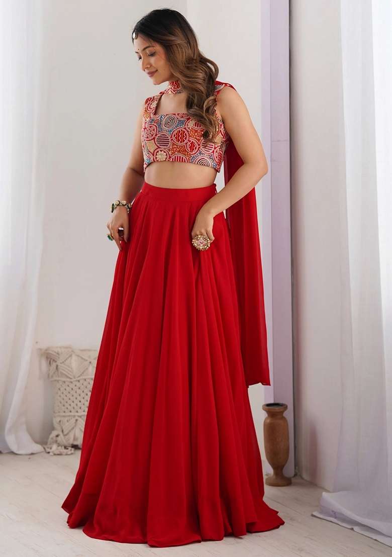 Red Embroidery Georgette Lehenga Set for Diwali and Festive Wear - Indya