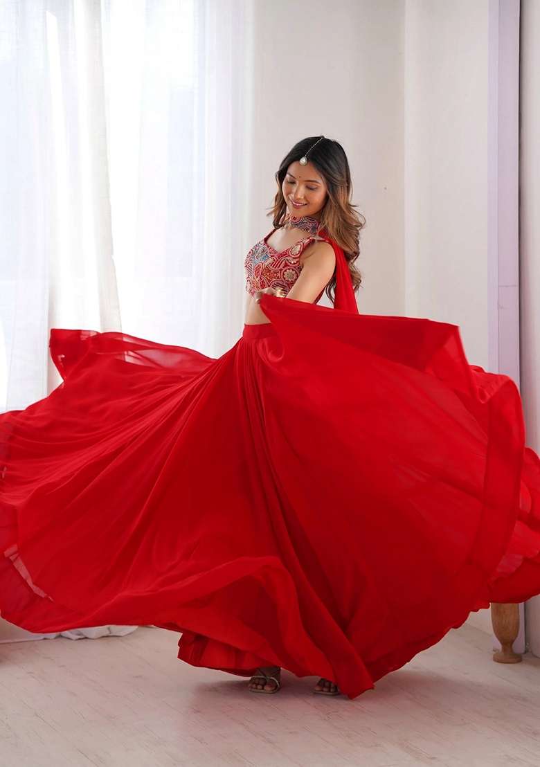 Red Embroidery Georgette Lehenga Set for Diwali and Festive Wear - Indya