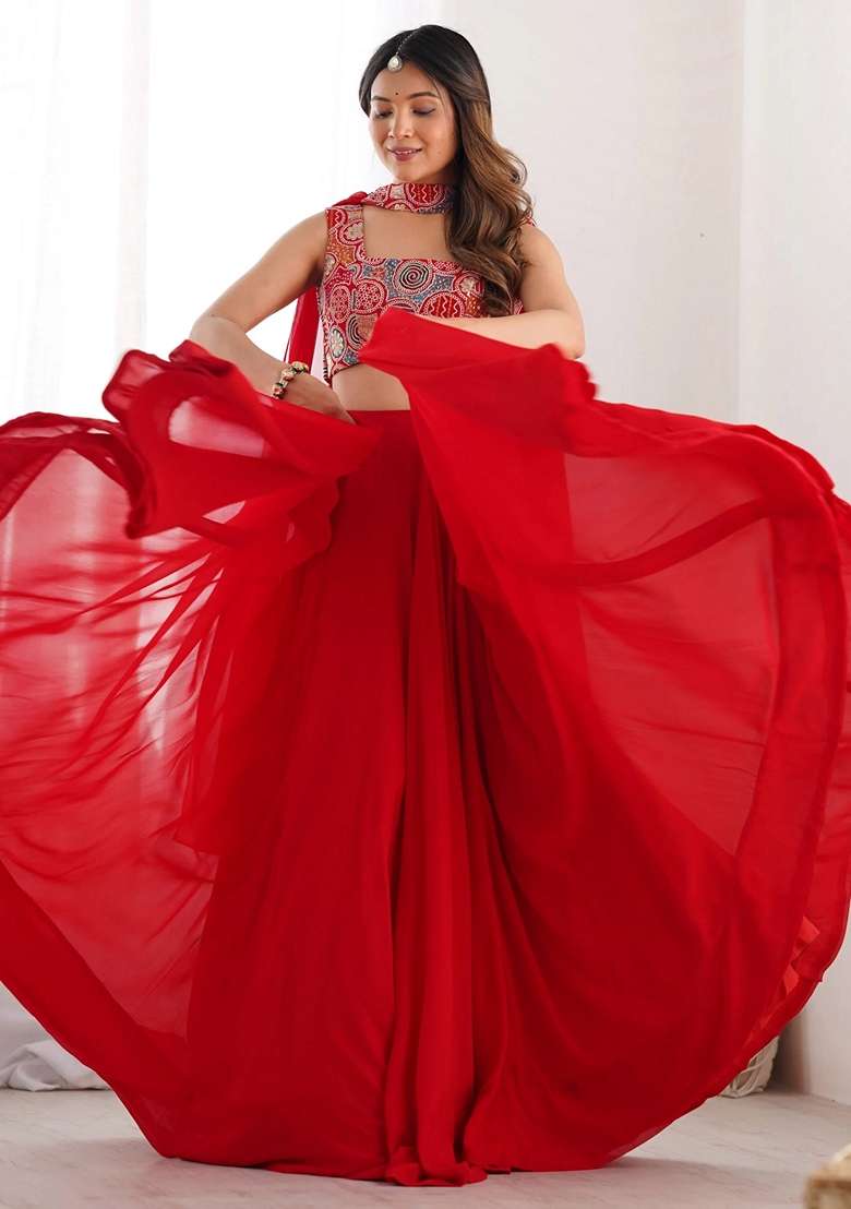Red Embroidery Georgette Lehenga Set for Diwali and Festive Wear - Indya