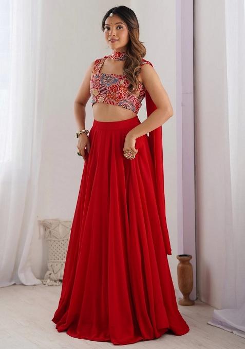 Red Embroidery Georgette Lehenga Set
