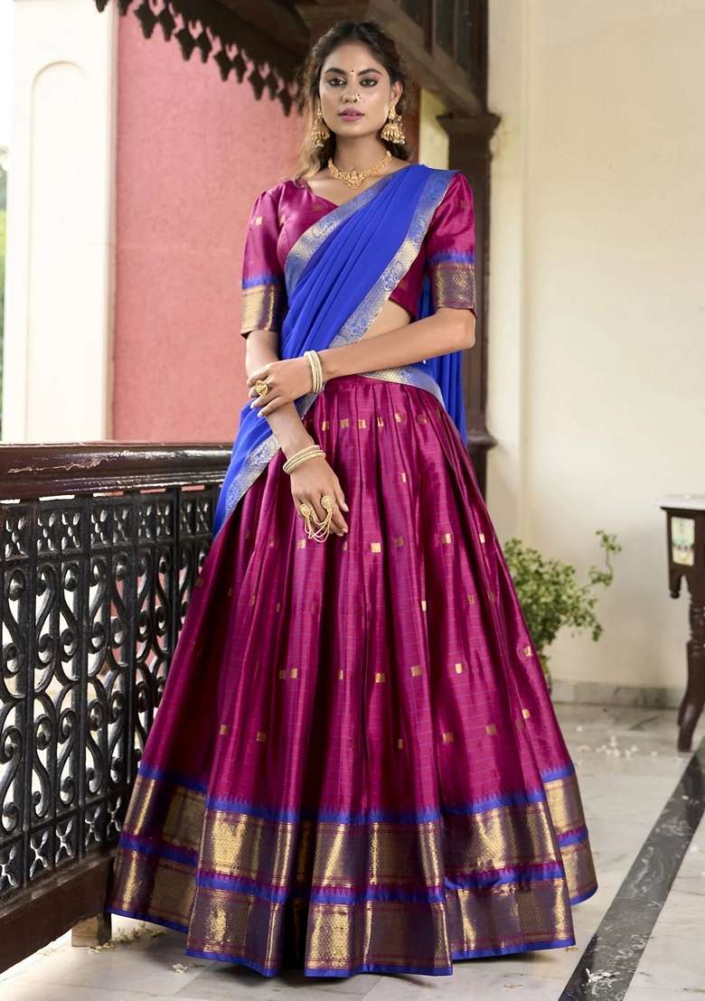 Pink Zari Work Silk Blend Lehenga Set for Diwali and Festive Wear - Indya