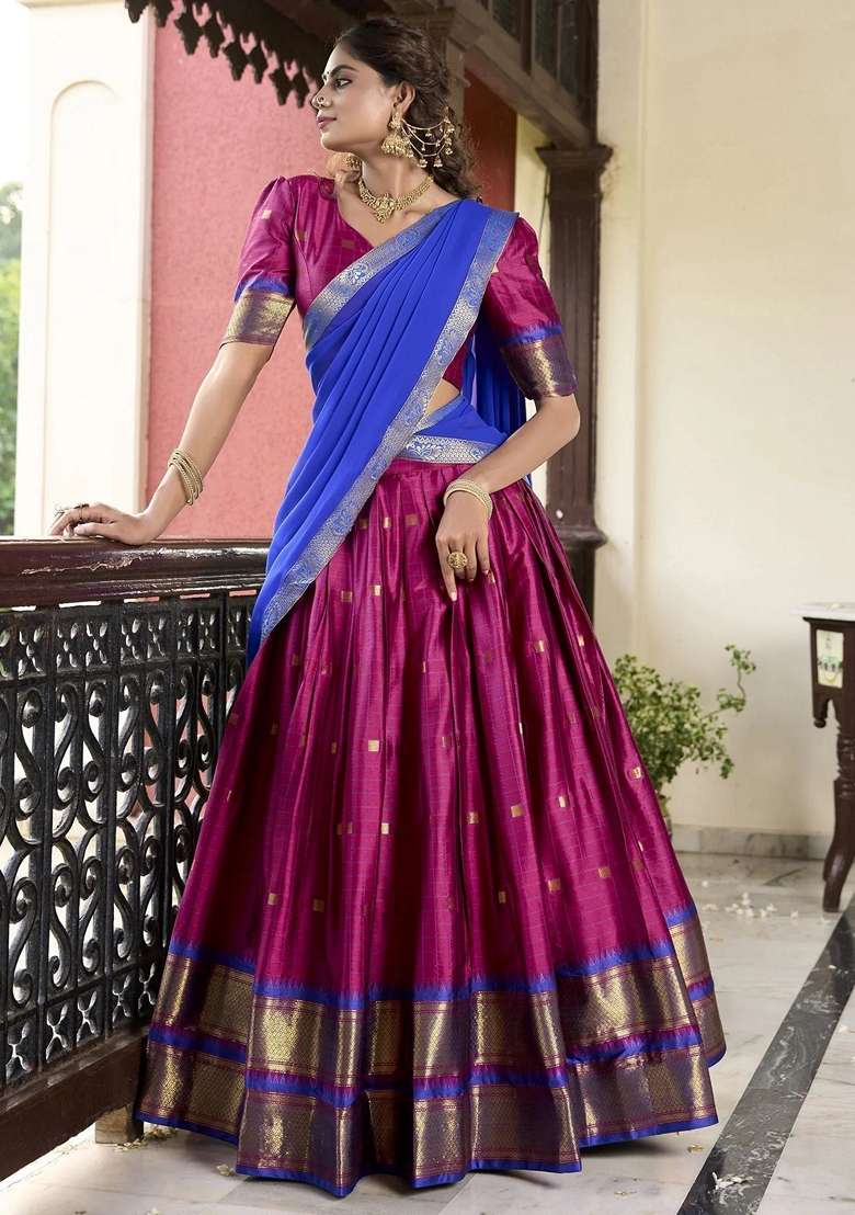 Pink Zari Work Silk Blend Lehenga Set for Diwali and Festive Wear - Indya