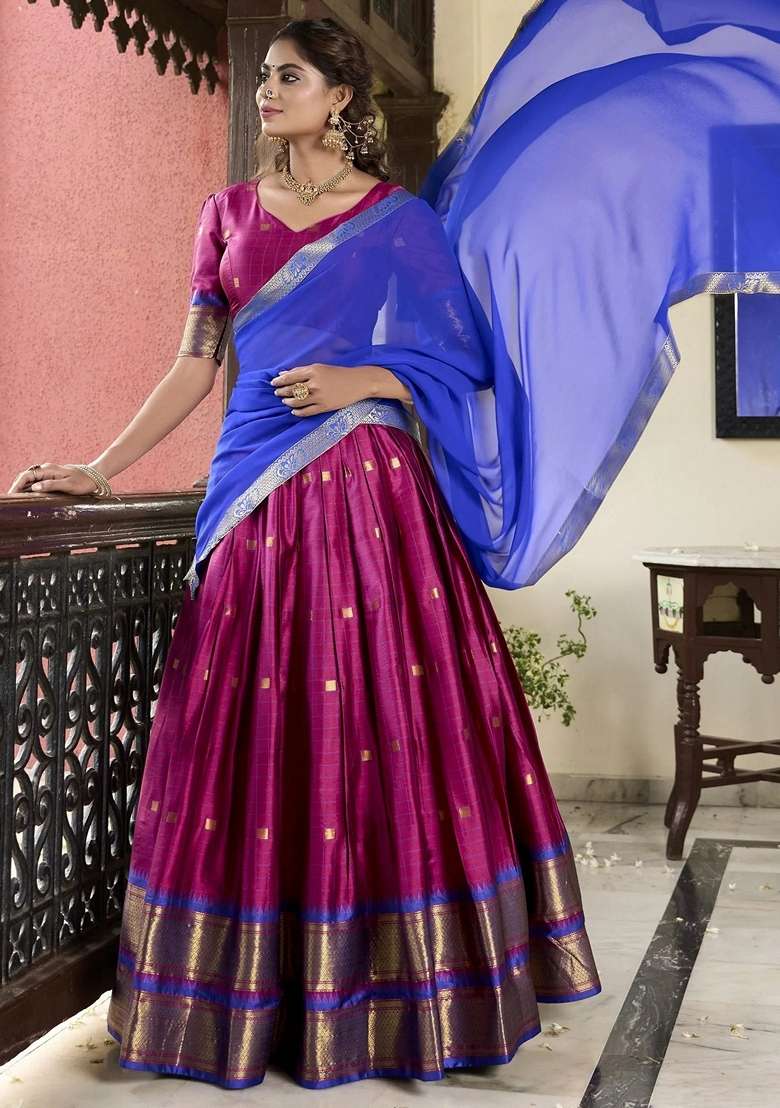 Pink Zari Work Silk Blend Lehenga Set for Diwali and Festive Wear - Indya