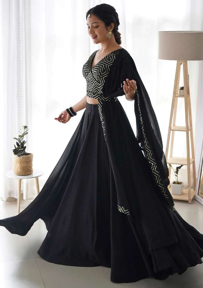 Black Georgette Lehenga Set with Sequins for Diwali | Wedding & Festive Wear - Indya