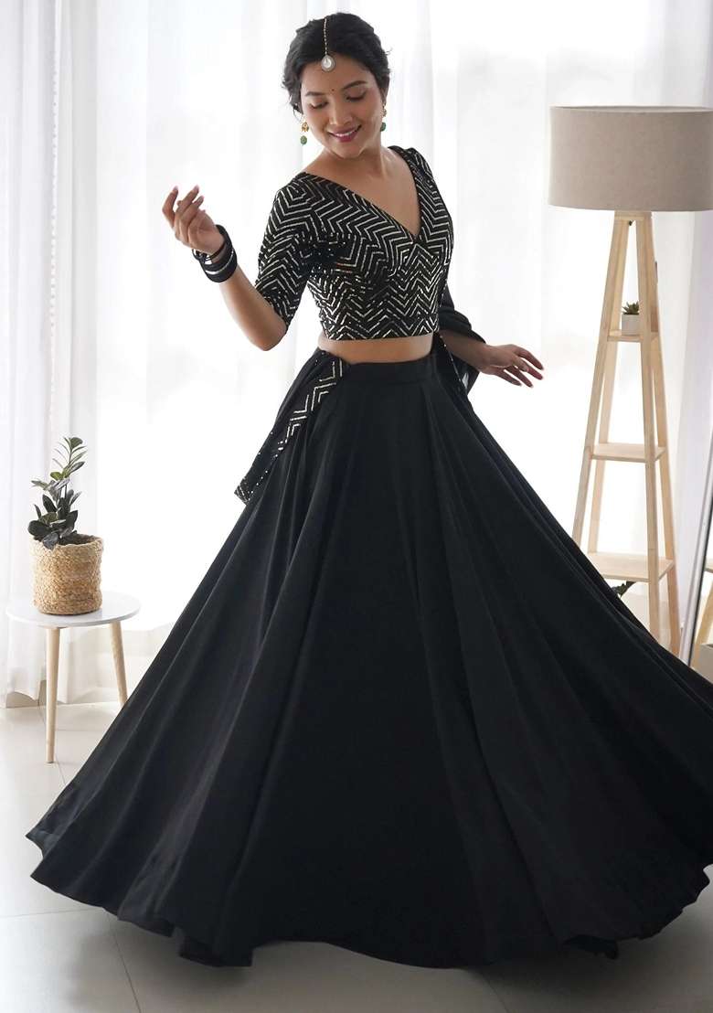 Black Georgette Lehenga Set with Sequins for Diwali | Wedding & Festive Wear - Indya