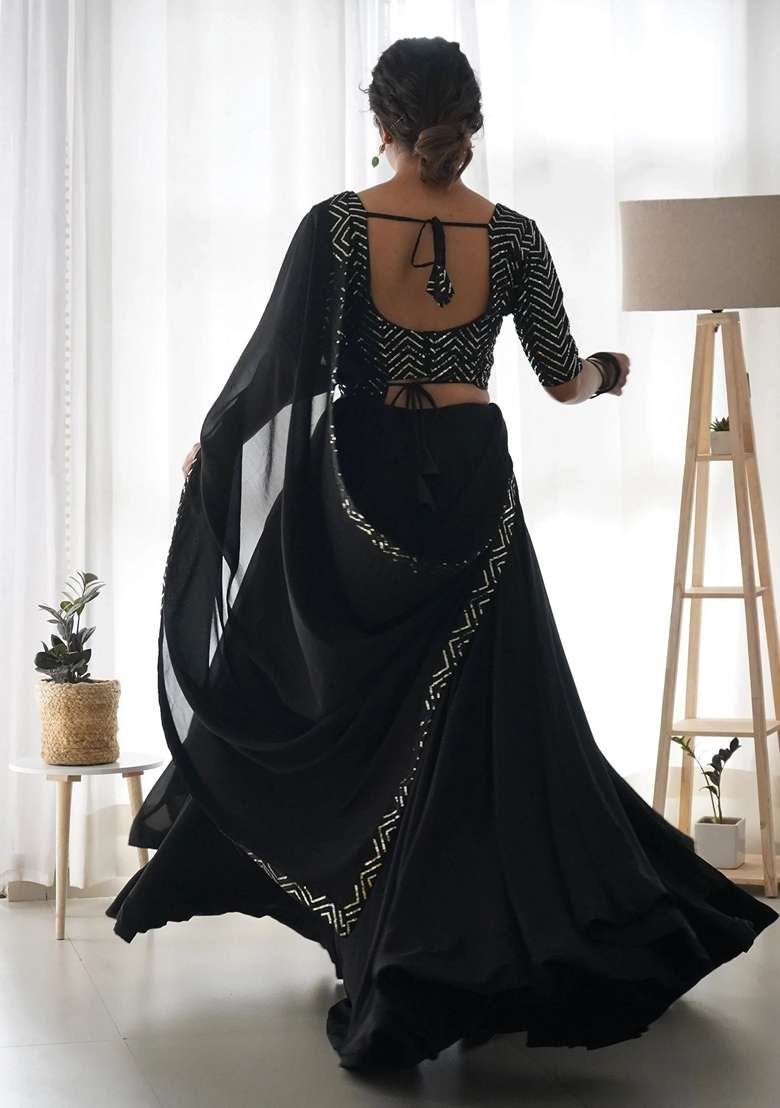Black Georgette Lehenga Set with Sequins for Diwali | Wedding & Festive Wear - Indya