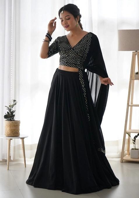 Black Sequins Georgette Lehenga Set