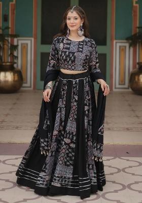 Black Printed Rayon Lehenga Set