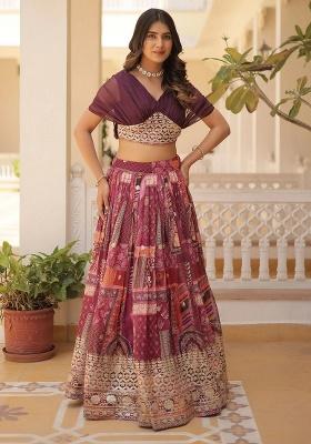 Purple Embroidery Silk Lehenga Set