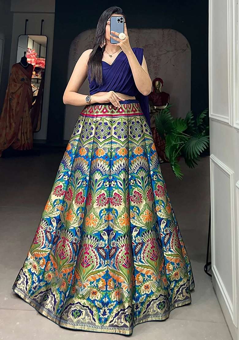 Blue Zari Work Silk Blend Lehenga Set for Diwali and Festive Wear - Indya