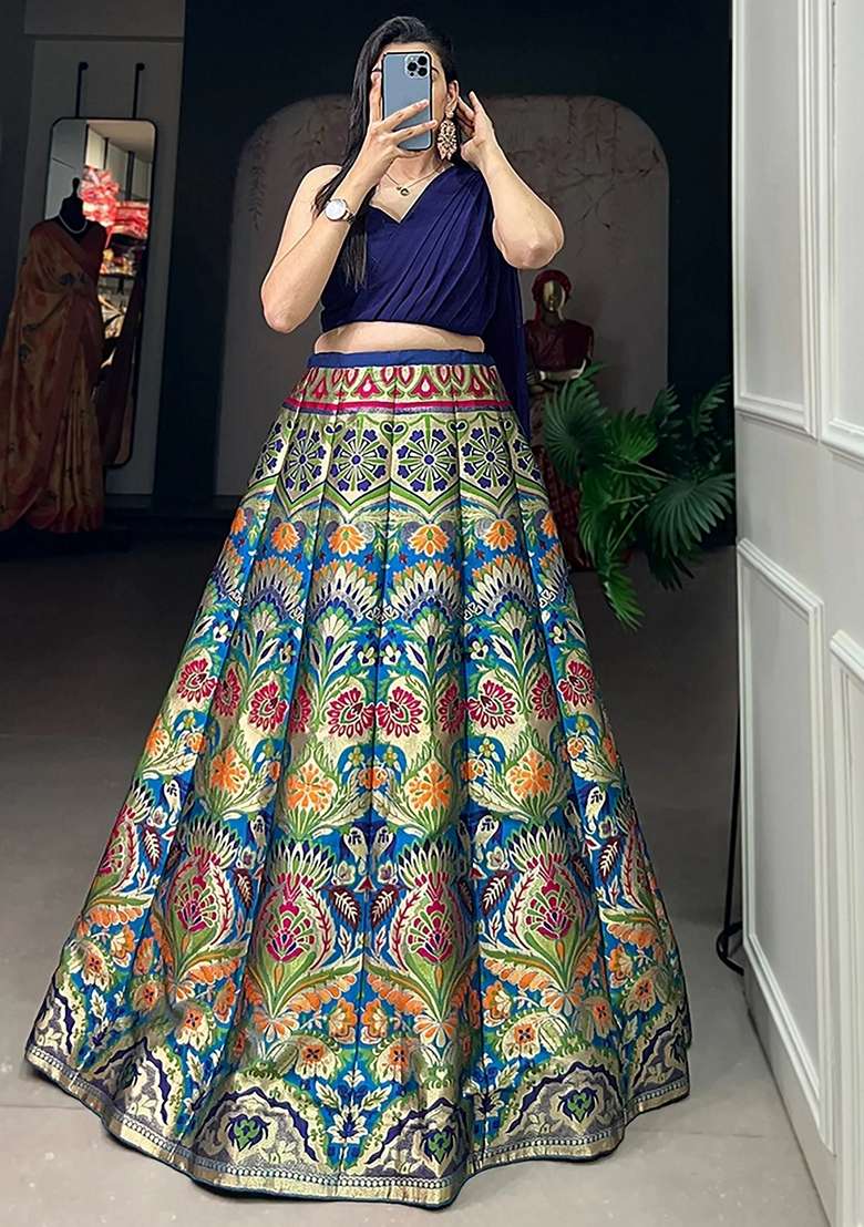 Blue Zari Work Silk Blend Lehenga Set for Diwali and Festive Wear - Indya